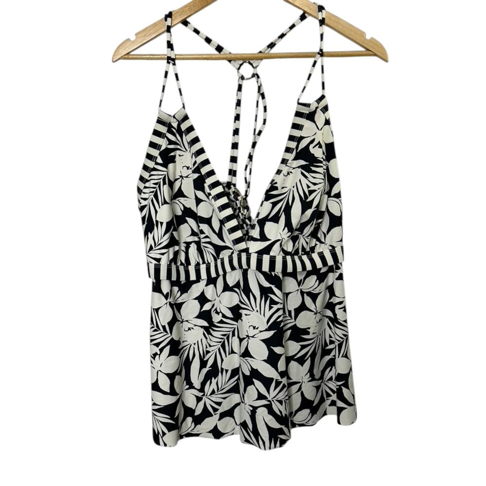 Swimsuits For All Black & White Floral Loop Strap Tankini Top Size 24 New